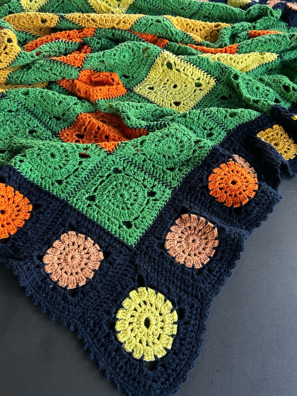 Handmade Crochet Granny Square Blanket in Green, Navy, Orange & Yellow